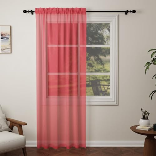 Pacok Red Voile Curtains 90 Drop, 1 Panel Rod Pocket W56xL90 Inch