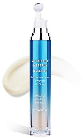VRAIKO Eye Serum for Dark Circles and Puffiness, 5% Caffeine 8% Retinol Under Eye Cream with Build-In 3D Roller Applicator, Hyaluronic Acid Peptide for Hydration Fine lines Wrinkles, 0.5 fl oz