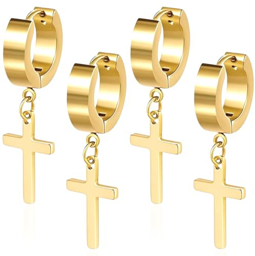 AFCJLTO 2 Paires de Boucles d'Oreilles Homme, Croix Acier Inoxydable, Boucles d'Oreilles Créoles, Piercing Cartilage (Or)