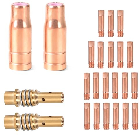 SWAWIS 24 Pezzi di Ricambio per Saldatrice MIG MAG Accessori per AK15/MB15 AK14/MB14 con 2 Ugelli per Filo Animato, 20 Boccole di Contatto, 2 Collettori, Accessori per Saldatura