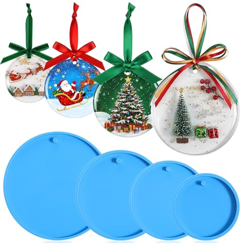 4 Pcs Resin Moulds, Ymapinc Christmas Silicone Moulds, Round Molds for Epoxy, Tray Coaster Mould for Epoxy Keychain Mold Silicone, Craft Mold for Resin Crafts Ornament Making