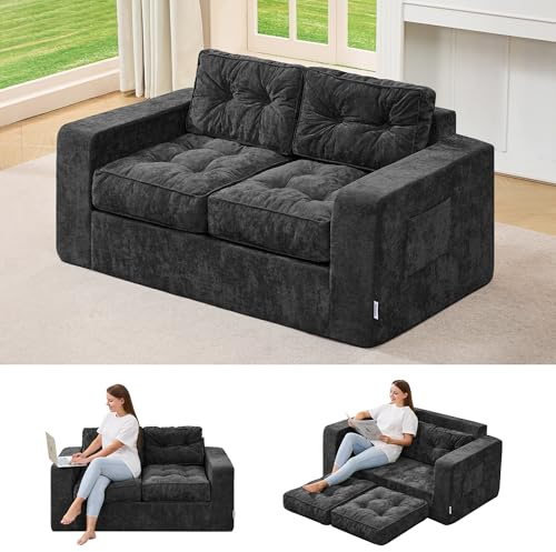 Hobestluk Sofa Couch Loveseat Sofa with Chenille Fabric 2-Seater Sofa for Small Spaces Comfortable Foam Floor Sofa 2 in 1 Boneless Couch for Living Room Bedroom Apartment or Office (Grey, Loveseat)