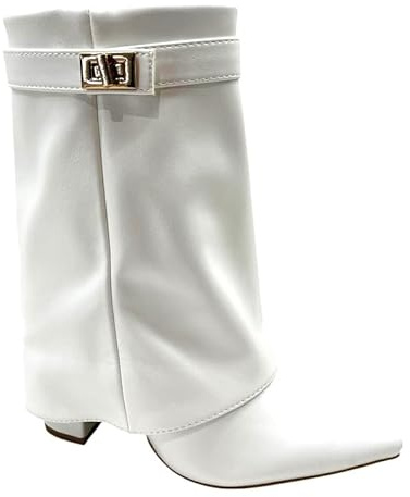 sole london LADIES Women's Ankle Fold Over Buckle Fashion Zip Pointed Block Heel Boots – Stylish Ruched Design – Comfortable Mid-Block Heel – Faux Leather & Faux Suede_WHITE 5
