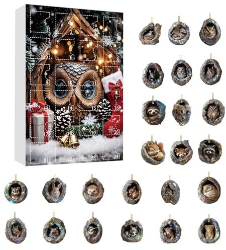 Calendrier de l'Avent Animalier 2025-24 Jours 2D Acrylique Calendrier de Noël Décor de Trou d'Arbre | Charme Animal pour Sac à Dos | pour Fenêtre Porte d'Entrée Balcon Arbre de Noël Fête