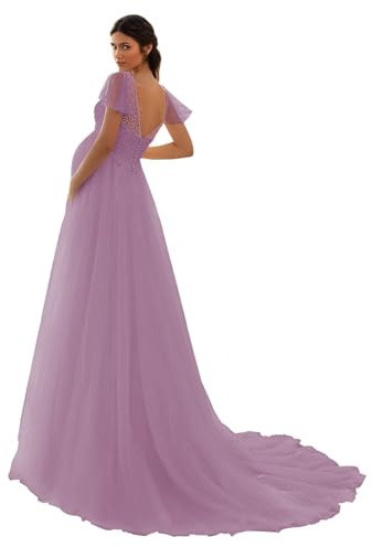 HAIBFJIN Vestido de maternidad de tul, cuello en V, vestido de novia para embarazadas, vestidos de maternidad para baby shower, sesión de fotos, Malva, 50