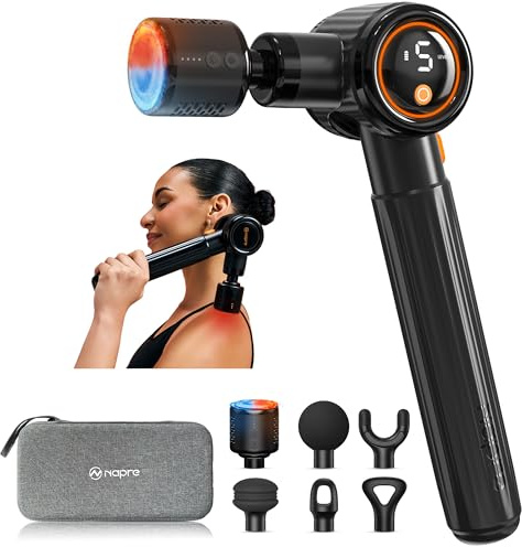 Pistola de Masaje Muscular con Calor y frío,NAPRE Pistola Masaje Muscular Massage Gun con Mango Extensible y 3 ángulos Ajustables, Pistola Masajeadora,Masajeador Muscular Cervical Espalda