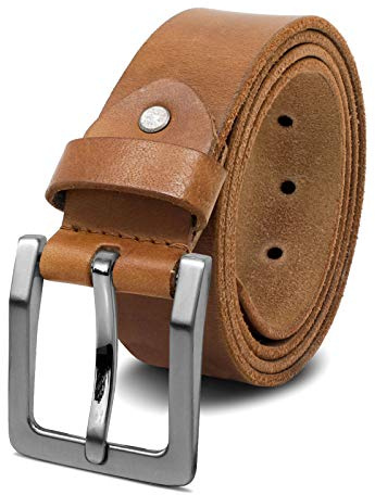 ROYALZ Cinturón para Hombres Cuero de Búfalo Robusto 4 mm para los vaqueros traje casual de ancho, tamaño:Talla de cintura 115 cm = Longitud total 130 cm, Color:Hebilla marrón - hebilla cepillada