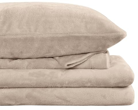 Viviland Plush Micro Fleece Full Bed Sheet Set - Soft Flannel-Like Fuzzy Polar Fleece Velvet Sheets - Extra Warm Winter Velour Fitted Sheets with 15 Deep Pocket - Sand/Beige