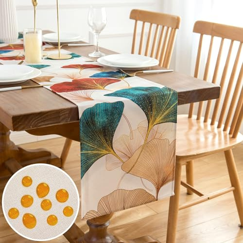Runner da Tavola Moderno Verde Oro Giallo Rosso Blu - Ginkgo Foglie Colorato Impermeabile per Matrimoni, Picnic, Feste, Cucina - 40x140cm