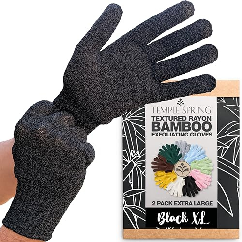 Temple Spring Exfoliating Gloves for Men & Larger Hands – Extra Large XL Textured Rayon Bamboo Shower Gloves with Thicker Weave for Deep Cleansing, Dead Skin Removal & Smooth Skin (1 Pair, Black)