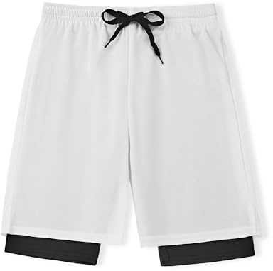 DANI CHINS Boys 2 in 1 Athletic Active Shorts Sports Running Quick Dry Breathable Compression Shorts (White, 07)