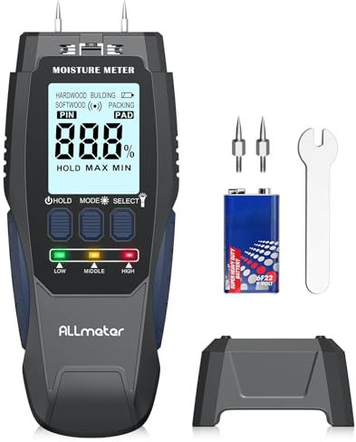 ALLmeter Medidor Digital de Humedad para Madera, Diseño Tipo Bolígrafo con Luz de Fondo, 4 Modos de Medición, Pantalla Grande para Paredes, Cortafuegos, Madera Aserrada y Más