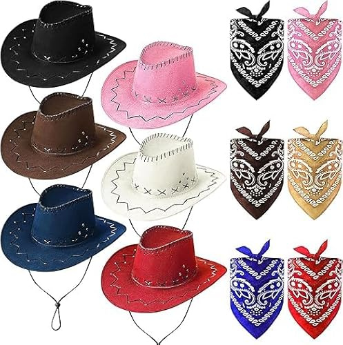 MALLOOM Ensemble de 6 chapeaux de cowboy et bandanas, chapeau de cowgirl en daim, chapeau de cowboy en feutre, costume western pour hommes et femmes, pour fête et scène