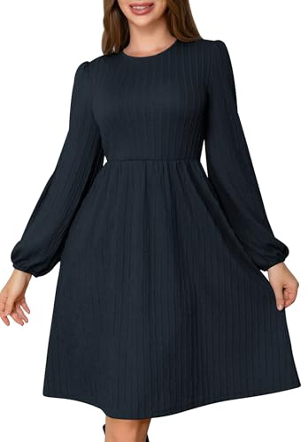 MarryUP Women's Fall Knit Sweater Dress V Neck Cute Balloon Long Sleeve A-Line Swing Casual Mini Wedding Guest Dresses with Pockets Black L