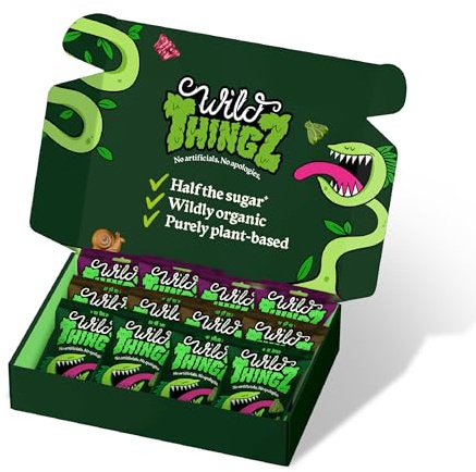 Wild Thingz Mixed Flavour Organic & Low Sugar Natural Gummy Sweets, Vegan & Gluten Free Snacks with Half the Sugar, Perfect for Lunchboxes, Parties or as Gifts 25 g (Pack of 12)