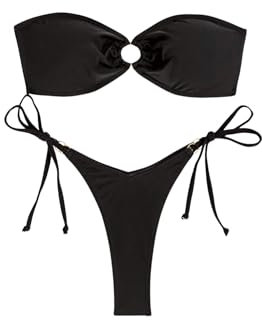 GORGLITTER Damen Bandeau Bikini Sets Trägerloses Bikinioberteil Tanga High Waist 2 Piece Strandmode Zweiteiliger Swimsuits Bikinis mit Ring Schwarz M
