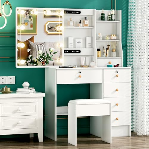 Ereousa Postazione Trucco con Sgabello e Specchio, Toilette Trucco con Luci, Luminosità regolabile, Toletta da Trucco con 6 Cassetti, 6 Ripiani, Bianco 36x80x131cm, H010606