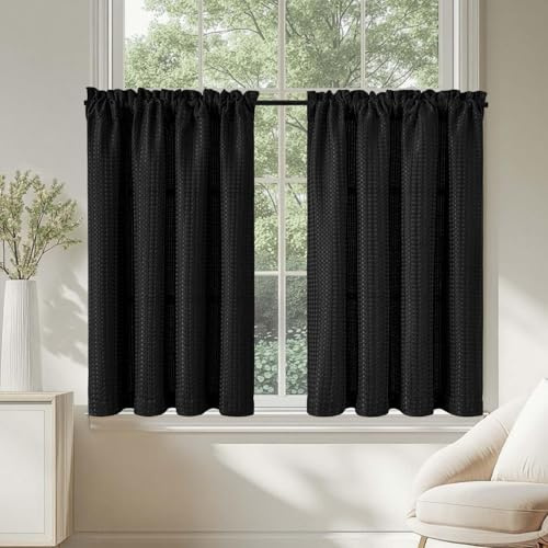 TOPICK Ogenomskinliga skivgardiner kök svart bistrogardin med dragsko gardiner korta med våffelmönster, halvtransparenta köksgardiner för små fönster, husbil, lantställe set om 2, 90 B x 45 cm