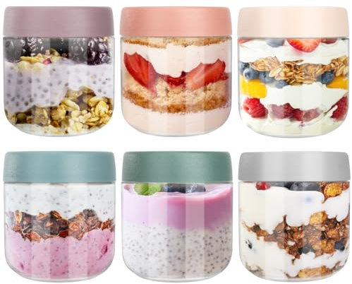 Aevcvok 6 Overnight Oats Jar, 300ml Barattoli Vetro con Coperchi, Meal Prep Contenitori Vetro per Alimenti, Vasetti per Yogurt, Budini, Smoothie, Avena, Insalate