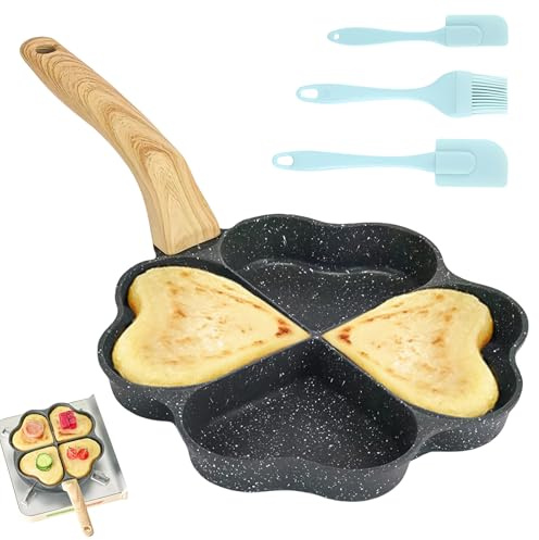 LEKEFETO Padella a forma di cuore a 4 fori: antiaderente granito, piccole padelle, antiaderente con spatola in silicone e pennello, padella a induzione, senza PFOA, per fornello a gas