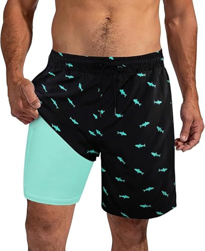 XiaoMoSha Mens Swimming Shorts Men Swim Trunks with Compression Liner 7 Quick Dry 2 in 1 Board Shorts for Beach Surfing, Black, L