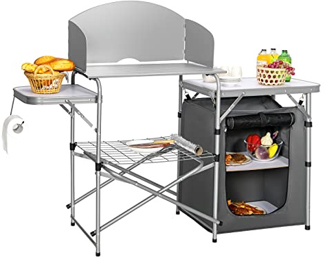 COSTWAY Fällbart campingskåp, campingkök med vindskydd och förvaringsväska, bärbart campingskåp, aluminiumram, resekök utomhus inklusive bärväska, för picknick, grillar, fester