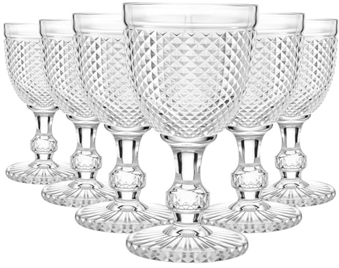 Bokon 6 Pack Clear Glass Goblets Set 10 oz High Clear Wine Glass Vintage Water Goblets Cups Embossed Diamond Design Glassware with Stem for Drinking Juice Liquor Party Wedding Bar