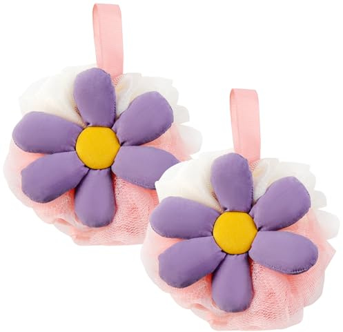 2 esponjas de baño de flores bonitas de malla de lufa, esponja exfoliante para mujer, esponja de ducha suave para piel sensible en accesorios de baño de belleza