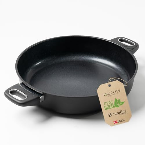 Squality Premium Sauté Pan 32 cm Double Handle - PFAS-free Non-Stick Pan from Denmark | Oven Safe up to 260 °C, Suitable for Induction Cookers, Ergonomically Shaped, for Healthy Cooking Without