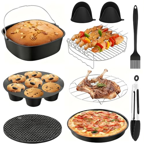 Heißluftfritteuse Zubehör, 8 Zoll 10 Teiliges Airfryer Zubehör für Philips Airfryer XXL 7,2L, 8,3L, COSORI 5,5L, Tefal 6,5L, Cecotec 6L, Air Fryer Accessories 5.5 L - 8 L, BPA-frei