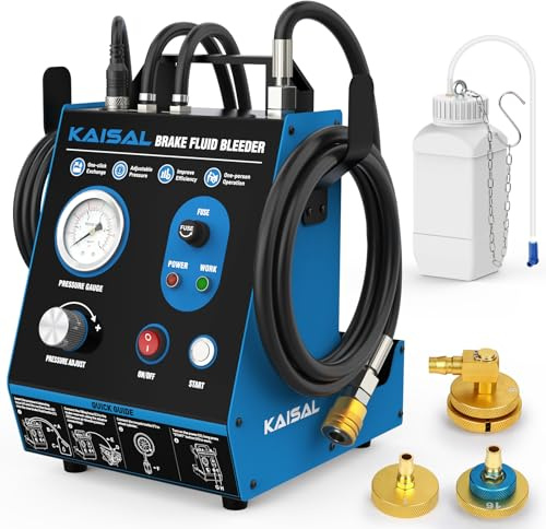 KAISAL Auto Bremsentlüftungsgerät, Puls-Automatik-Bremsentlüftungsset, Elektrischer Bremsflüssigkeitswechsler, 0.5–2.5 Bar Druck einstellbar, Ölmangelsicherung, 3 Hauptbremszylinderadapter