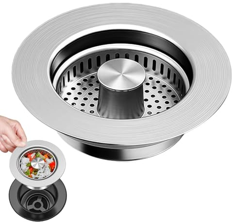 Colador para Fregadero de Cocina 3 en 1 con Tapón de Desagüe Emergente, Acero Inoxidable 304 y Núcleo de Latón, Apto para Orificios 75-87 mm y Profundidad >37 mm, Antiobstrucción, Fácil de Limpiar