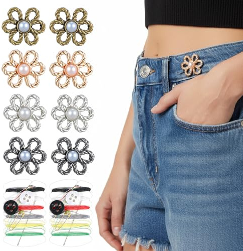 10 Pcs Flower Jeans Button, Jean Waist Tightener Buttons, Pant Waist Tightener Adjustable No-Sew Jean Button Pins No Sew and No Tools Detachable Decorative Buckles for Loose Jeans Skirts Sleeves