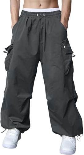 FEDTOSING Parachute Cargo Trousers for Men Wide Leg Baggy Sweatpants Casual Black Cargo Pants with Pocket Hip Hop Trousers