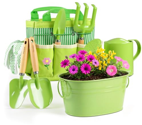 8Pcs Kids Gardening Set with Metal Basket & Real Metal Tools, STEM Outdoor Kit, Ergonomic Wooden Handles, 3 Shovels, Rake, Watering Can, Gloves, Tote Bag, Gift for Toddler Boys Girls, Green