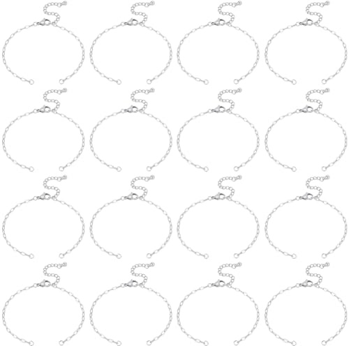 SUNNYCLUE 1 Box 16Pcs Adjustable Slider Bracelet Chains Paperclip Bracelet Chain Bulk Silver Extension 304 Stainless Steel Link with Lobster Clasp for Jewellery Making Diy Crafts Supplies Women Gifts