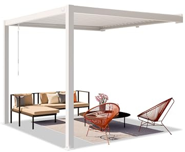 PRIMEYARD Pérgola adosada 3x3 m Postes de Aluminio con Techo de Lamas de Acero pérgola de Pared Blanca