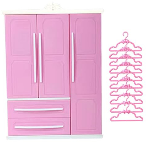 Pineeseatile Armadio per Bambole, Armadio per casa delle Bambole a 3 Ante e 2 cassetti, mobili per casa delle 7x10x3 con 10 grucce, Miniature Fai da Te per ambientazione, Bambola, Miniature