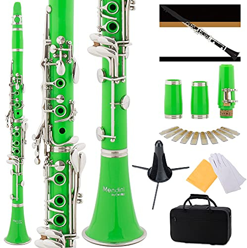 Mendini by Cecilio B Flat Clarinet for Beginner, Ebonite Bb Clarinet with 2 Replaceable Barrels, 10 Reeds, Stand, Pocketbook, Mouthpiece, Hard Case, Gloves (Green)