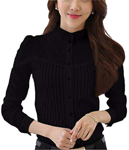 Kvinnors chiffong vintage ståkrage button down-skjorta långärmad spetsblus med stretch, Svart, 36