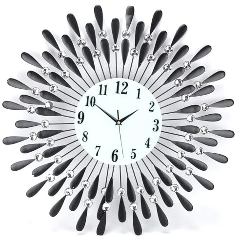 Shoze Large Wall Clocks for Living Room Modern Metal Black Wall Clock Extra Large Diamond Jeweled Wall Clock 23.6inch/60cm 3D Handcrafted Design Art Sunflower Clock for Living Kitchen Room