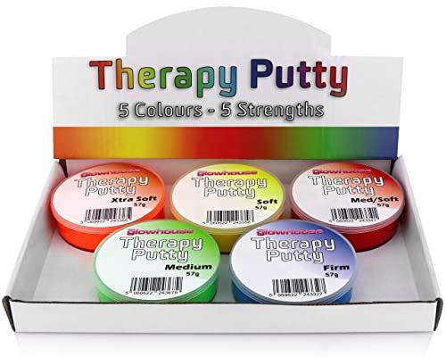 Premium Set of 5 x Therapy Putty Squeezable Non-Toxic, Hand Exercise, Anti-Stress - 5 Strengths for Adults & Children 57g Colour Coded Tubs