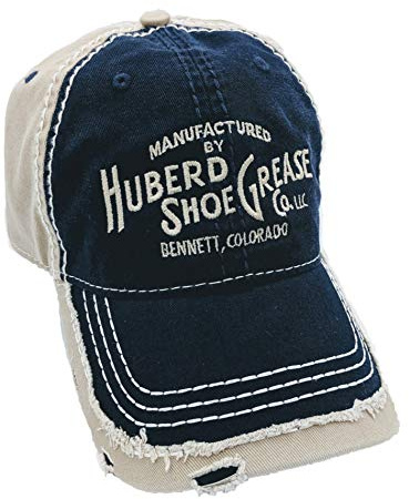 Huberd Shoe Grease Co. Embroidered Logo Baseball Cap, Blue and Tan Distressed Cotton, Adjustable Velcro Back, Vintage American Workwear Hat