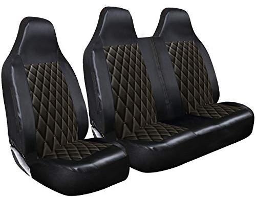 rhinos autostyling FOR VW VOLKSWAGEN TRANSPORTER T2/T3/T4/T5/T6 - Premium Luxury Van Seat Covers Single Drivers And Double Passengers Seat Covers - 2 + 1 - Black Quilted Diamond Leather