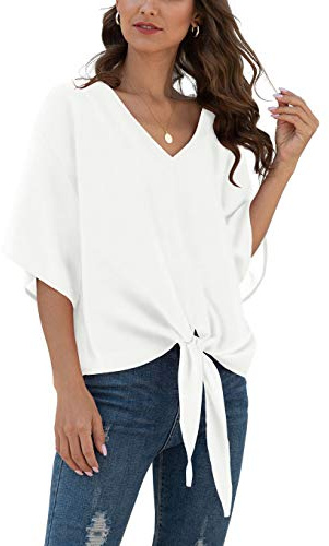 VIISHOW Womens Tie Front Loose Short Sleeve V Neck Floral Blouses Chiffon Tops Summer Shirts, White, Medium