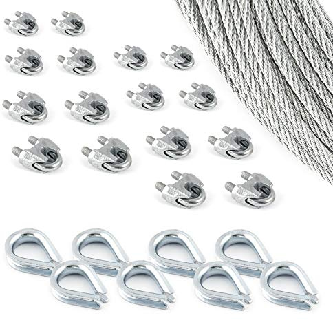 DQ-PP stållina SET | 3 mm 6 x 7 medium mjuk | Förzinkad av stål | Byte 3 mm | Spänningslås kroköglor M5 | linsklämma bygel 3 mm | ledtråd för rankhjälp rep stål tråd skogsrep vindrep spännlina 40m Set 8