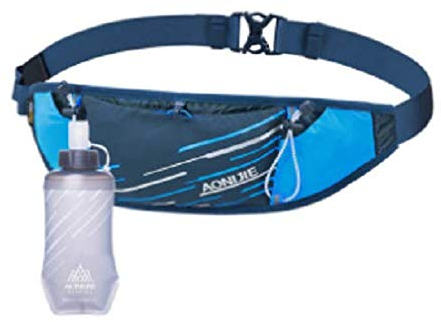 AONIJIER Laufgürtel, Trinkgürtel mit 420 ml Wasserflaschen für Männer und Frauen, Marathon, Radfahren, Wandern, atmungsaktiv, reflektierend, leicht (blau + Flasche)