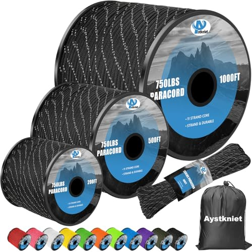 750Ib Reflective Paracord Rope,100', 4mm 11 Strand Parachute Spool Cord with Collecting Bag, para Cord Lanyard for Hammock, Camping, Hiking