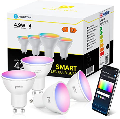 Aigostar Alexa Glühbirne GU10 SL2 Smart Lampe 4.9W WLAN Lampe LED RGBCCT 2700-6500K Dimmbare, 26 Szenenmodus, App-steuerung, Kompatibel mit Alexa/Google Home, Kein Hub notwendig, 4 Stücke