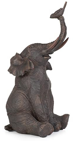 Moritz Figura decorativa de pájaro en probóscide de elefante juguetón de poliresina, color marrón oscuro, idea decorativa, decoración de pie, estatua de fauna africana, escultura